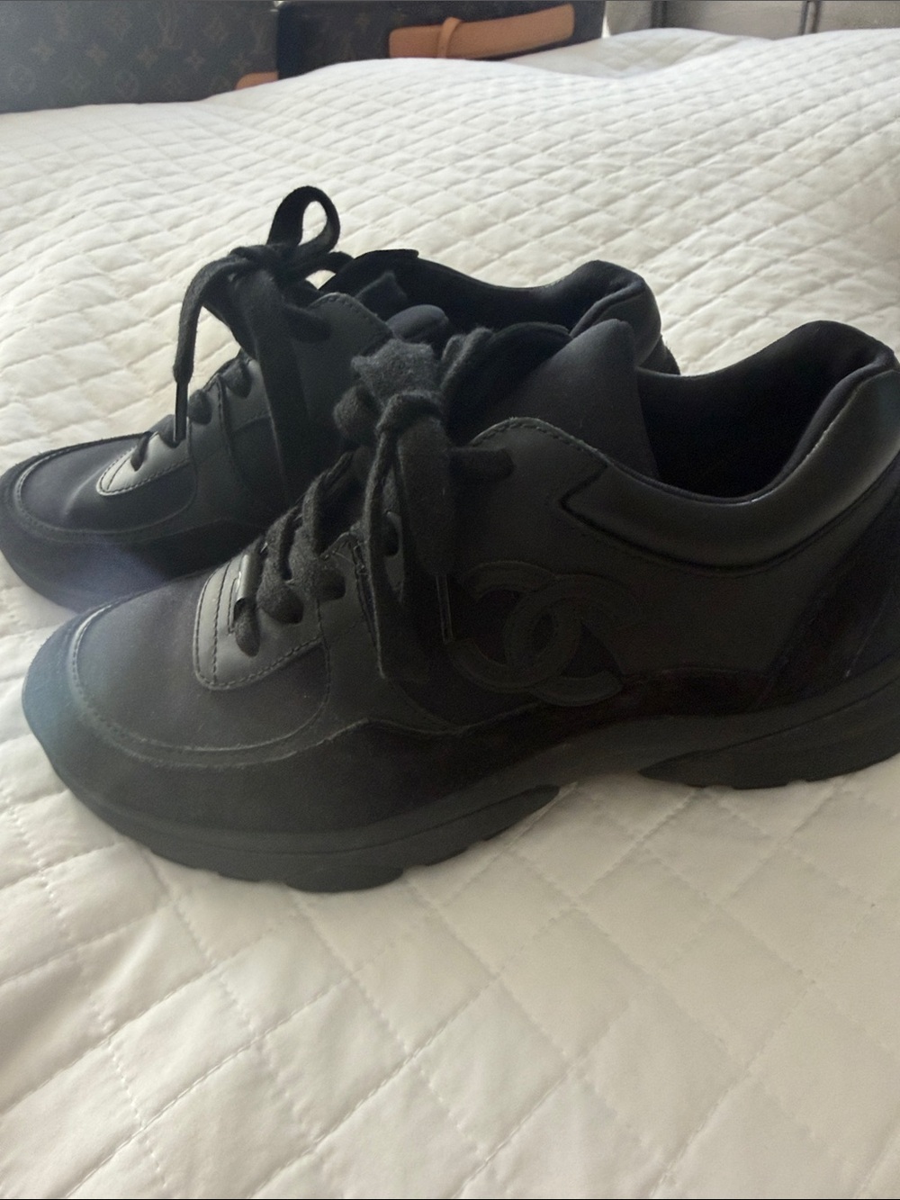 CHANEL Black Leather & Suede Lace-Up Sneakers